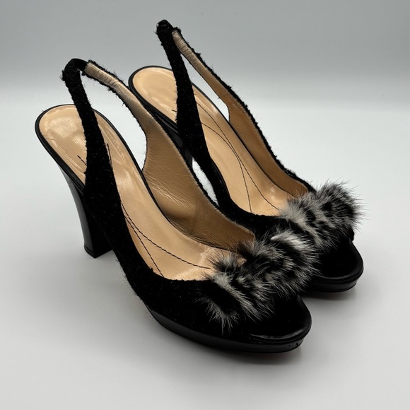 Kate Spade Slingback Heels 8.5 Boucle Faux Fur Black - Picture 1 of 13